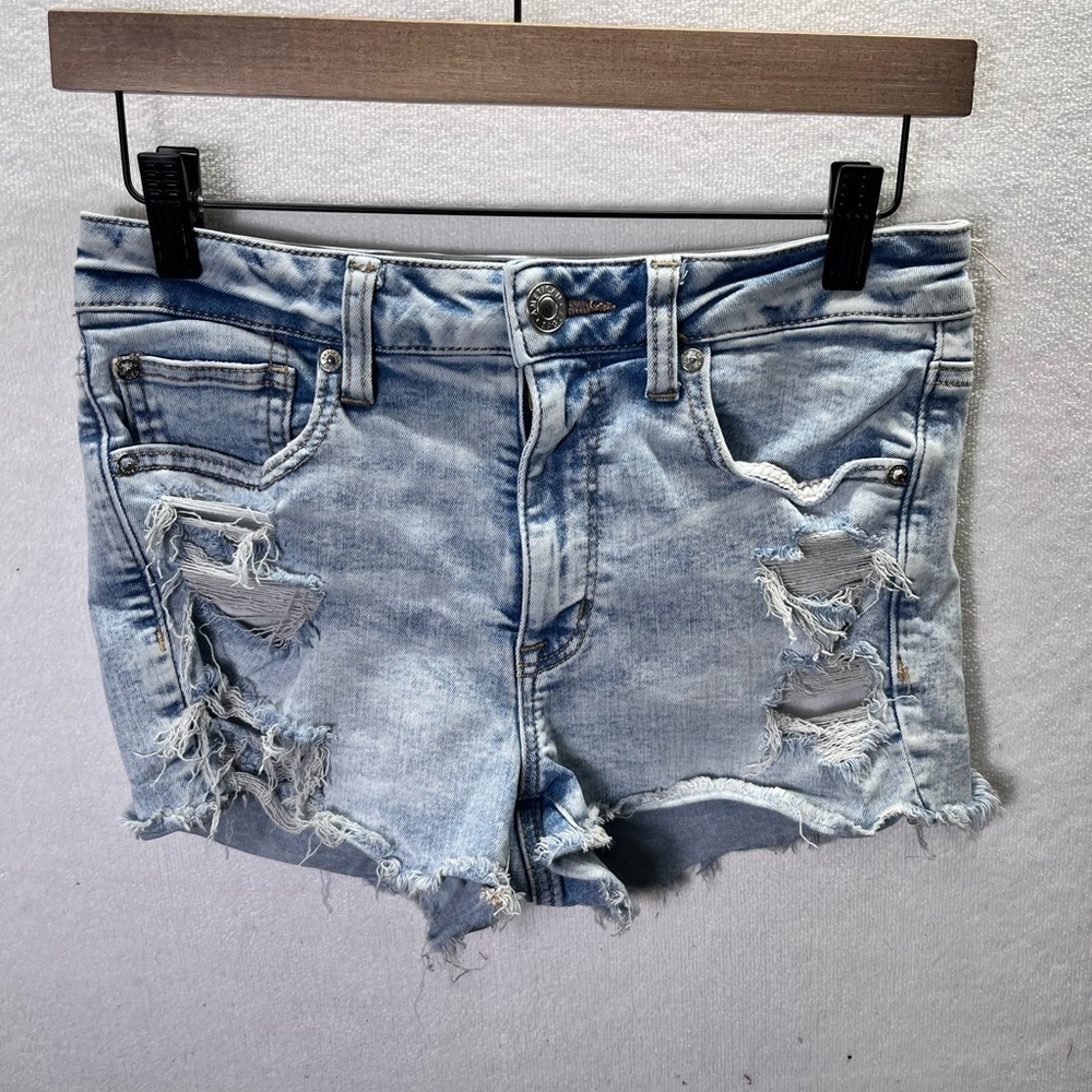 American Eagle hi-Rise Distressed Shortie Shorts Womens‎ 6 Blue Denim 2370